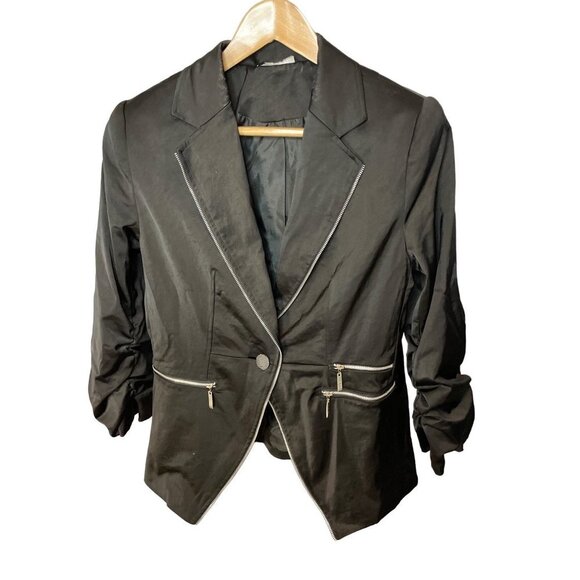 Black Satin Jacket with Zipper Details and Ruched Sleeves - Picture 1 of 9